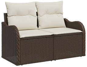 5 darabos kerti sofa garnitúra párnákkal, barna poli rattan, 2 fős kerti sofa tárolóval és párnákkal, barna poli rattan