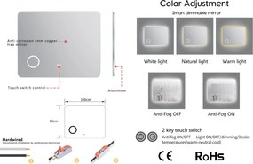 Erga Myra, LED tükör 100x80 cm kozmetikai tükörrel, 3x nagyítás, 4114 lm, 3 fényszín, háttérvilágítás, ERG-V01-MYRA-1080-00