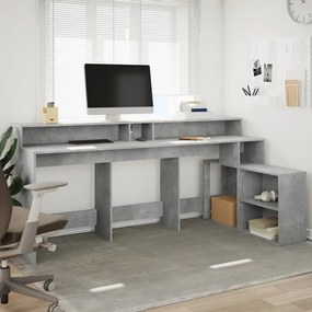 betonszürke szerelt fa íróasztal LED-világítással 200x104x91 cm