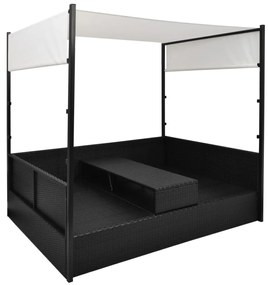 Fekete polyrattan napellenzős kerti ágy 190 x 130 cm