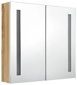 fehér, tölgyszínű LED-es tükrös fürdőszobaszekrény 62x14x60 cm