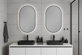 Erga Freya, ovális LED tükör 50x100cm fekete fém keretben, 3 világos szín, háttérvilágítás, páramentes fűtőpárna, ERG-V01-FREYA-5010-BK