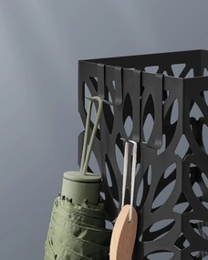 Esernyőtartó, szabadon álló esernyőtároló állvány, levehető csepegtetőtálcával, 4 akasztóval, fekete