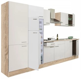 Yorki 330 konyhabútor sonoma tölgy korpusz,selyemfényű fehér fronttal polcos szekrénnyel és felülfagyasztós hűtős szekrénnyel