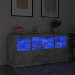 betonszürke tálalószekrény LED-világítással 142,5 x 37 x 67 cm