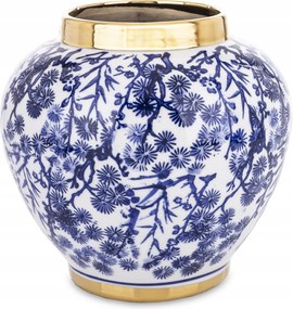 Váza Fedél kerámia bluu fehér kék díszített virág üveg arany