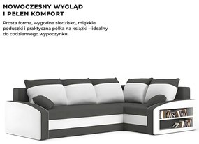 Grande sarokkanapé polcokkal , polc a jobb karfaban, jobboldali, szövet anyag, bonell töltet, szürke - fehér