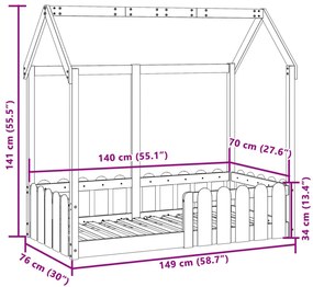 viaszbarna tömör fenyőfa házikó gyerekágykeret 70 x 140 cm
