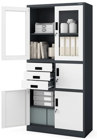 Fém iratszekrény széffel, vitrinnel és fiókokkal FILIP, 900 x 1850 x 400 mm, antracit-fehér