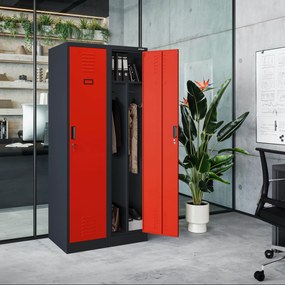 Pléh öltözőszekrény talpazaton, kétmodulos, polccal és köztes fallal KACPER, 800 x 1800 x 500 mm, antracit-piros