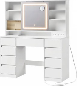 Fésülködő asztal, sminkasztal LED tükörrel és 9 fiókkal, szerszámmentes összeszerelés, Fehér
