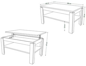 Átalakítható konferenciasztal emelhető lappal és polccal, ADEN tölgy/fekete