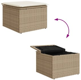7 darabos Bézs Poli Rattan Akác Kerti Kanapé Szett Párnákkal, 2 személyes kerti kanapé tárolóval és párnákkal Bézs Poli Rattan