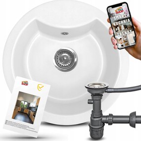 Gránit Mosogató Egymedencés Fehér Konyhai Kerek 45CM-ES Szekrényhez