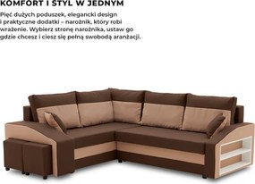 Grande sarokkanapé polcokkal és puffokkal , polc a jobb karfaban puffok a bal karfaban, baloldali, szövet anyag, hab töltet, barna