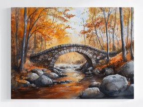 Vászonkép Canvas Tájkép Ősz Erdő Fák Folyó Kőhíd 100x75