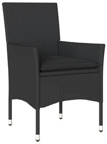 3 Részes Kert Étkezőszett párnákkal Fekete Polirattan, Kert Asztal Fekete 80x80x73 cm Edzett Üveg