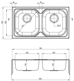 Deante Xylo, rozsdamentes acél munkalap mosogató 2-kamrás B/O 780x435x150 3,5" + szifon, szatén mintás, ZEX_0203