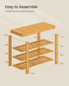 SONGMICS bambusz cipőpad 3 polccal, 70 x 28,7 x 52 cm, természetes színű
