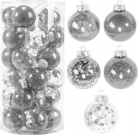 Bombki karĂĄcsonyi kulacskĂ©szlet 30 darabos, vegyes mintĂĄk, ezĂŒst-fehĂ©r