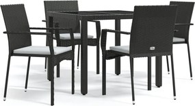vidaXL 5 részes fekete polyrattan kerti étkezőgarnitúra párnákkal