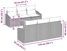 7 Részes Kerti Kanapé Szett Párnákkal Fekete Poly Rattan Akác