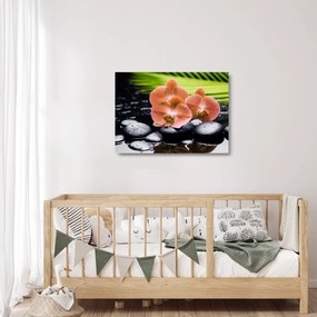 Üveg kép - Narancssárga orchidea pálmalevelekkel (70x50 cm)
