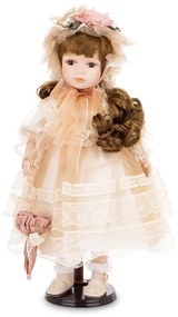 Különleges barna hajú porcelán baba korhű barna-fehér ruhában esernyővel 49x30x30cm