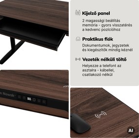 Elektromos ülő-álló íróasztal fiókkal és Qi vezeték nélküli töltővel fekete/dió, 1400 mm: ELLIS