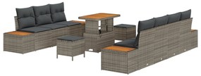 10 darabos kerti kanapé szett párnákkal Szürke Poly Rattan Akác, 3 darabos kerti étkező szett párnákkal Szürke Poly Rattan Akác