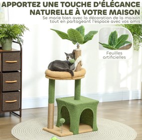 PawHut Macska Fa, 98 cm, búvóhely, ágy, kaparóoszlopok, 2 labda és műlevelek, zöld | Aosom
