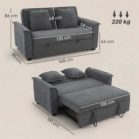 HOMCOM Futon kanapéágy, állítható háttámlával, 2 személyes, 2 párnával, sötétszürke