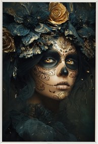 Poszter Alumínium Keret Dia De Los Muertos Catrina Arany Rózsák Art 40x60