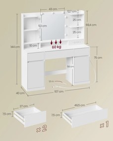 VASAGLE Kailyn LED-es fésülködőasztal tükörrel és töltőállomással, felhőfehér