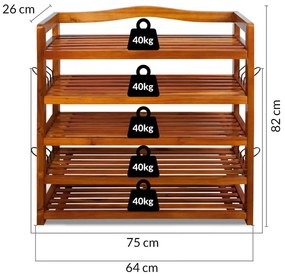 RUSTIC cipőtartó polc, 5 polc, 75x26x82cm, természetes barna Casaria