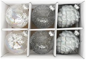 Karácsonyi üveg gömb dísz toboz glitter dekorral 8 cm 6 db szett ezüst