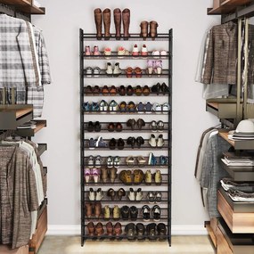 Egymásra rakható 12 szintes cipőtartó, állítható cipőspolc, fekete