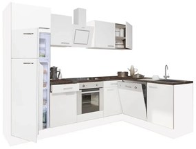 Yorki 280 sarok konyhablokk fehér korpusz,selyemfényű fehér front alsó sütős elemmel felülfagyasztós hűtős szekrénnyel
