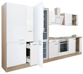 Yorki 360 konyhabútor sonoma tölgy korpusz,selyemfényű fehér front alsó sütős elemmel polcos szekrénnyel és alulfagyasztós hűtős szekrénnyel