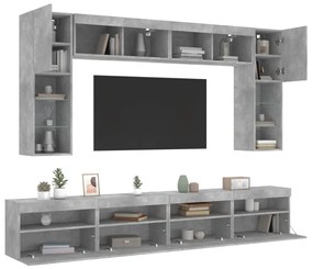8 darabos betonszürke fali TV-szekrény szett LED-del