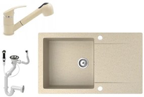 Gránit mosogató NERO Gold + kihúzható zuhanyfejes Shower csaptelep + dugókiemelő (bézs)