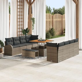 11 darabos Kerti Sofa Szett Párnákkal Szürke Poli Rattan Akácia, 2 személyes Kerti Sofa Tárolóval és Párnákkal Szürke Poli Rattan, 3 darabos Kerti Étkező Szett Párnákkal Szürke Poli Rattan Akácia
