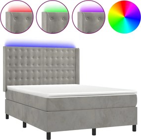 vidaXL világosszürke bársony rugós és LED-es ágy matraccal 140x190 cm