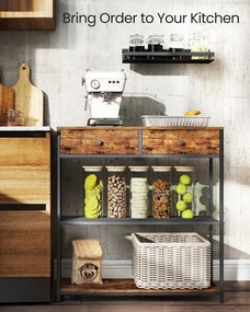 Keskeny konzolasztal 2 fiókkal, 3 szintes, rusztikus barna és fekete színben