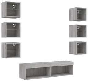 8 darab szürke sonoma színű szerelt fa fali TV-bútor LED-del