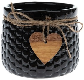 Wood heart kerámia virágtartó kaspó, fekete, 9 x 12,5 cm