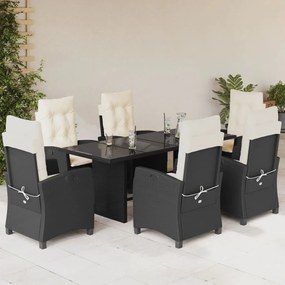 7 részes fekete polyrattan kerti étkezőgarnitúra párnával