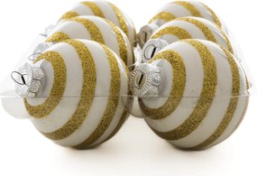 Fehér-arany csíkos kézzel festett karácsonyi üveggömb szett, 7 cm, 6 db