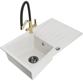 Mexen Cesar 1-medencés gránit mosogató csepegtetővel és Duo konyhai csappal, fehér - 6514-20-671701-57-B