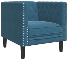 3 részes kék bársony Chesterfield kanapészett hengerpárnákkal